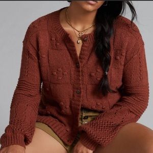 Anthropologie PILCRO Textured Puff Sleeve Cardigan Knit Sweater in Rust Brown XL